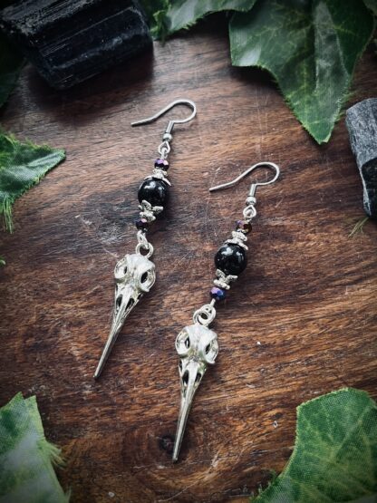 Tourmaline & Raven Skull Earrings