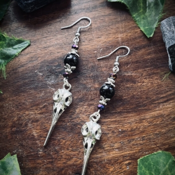 Tourmaline & Raven Skull Earrings