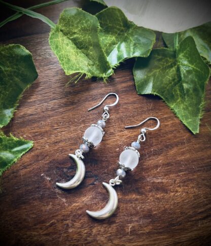 Frosted Quartz & Crescent Moon Earrings