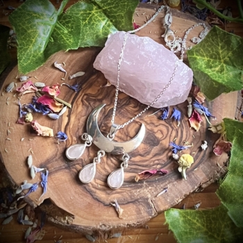 925 Wiccan Crescent Moon with Rose Quartz